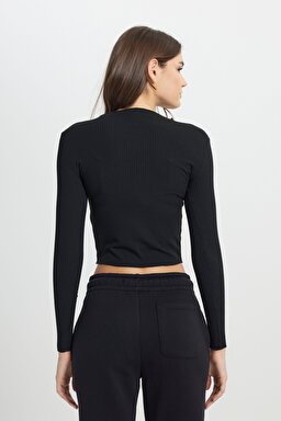 Regular Fit Normal Kesim Bisiket Yaka Siyah Uzun Kollu Tişört - Black-W242721001 (görsel 5)