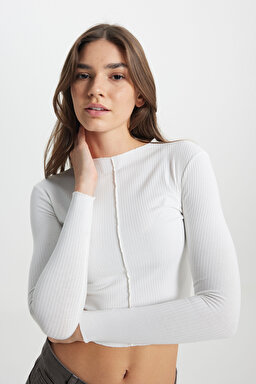 Regular Fit Normal Kesim Bisiklet Yaka Beyaz Uzun Kollu Tişört - White-W242721100 (görsel 5)