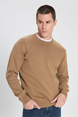 Regular Fit Normal Kesim Bisiklet Yaka Bej Triko Kazak - Beige-W242724614