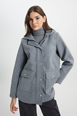 Regular Fit Normal Kesim Kapüşonlu Gri Parka Ceket - Gray-W242742035 (görsel 2)