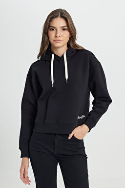 Regular Fit Normal Kesim Kapüşonlu İçi Polarlı Siyah Sweatshirt - Black-W242761001 (görsel 3)