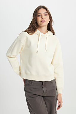 Regular Fit Normal Kesim Kapüşonlu İçi Polarlı Ekru Sweatshirt - Ecru-W242761A74 (görsel 2)
