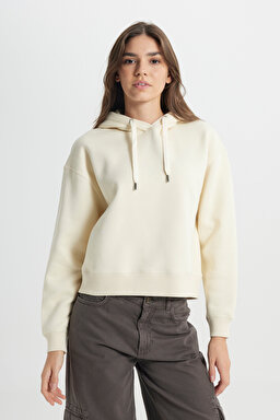 Regular Fit Normal Kesim Kapüşonlu İçi Polarlı Ekru Sweatshirt - Ecru-W242761A74 (görsel 3)