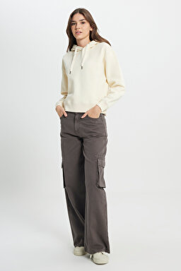 Regular Fit Normal Kesim Kapüşonlu İçi Polarlı Ekru Sweatshirt - Ecru-W242761A74 (görsel 4)