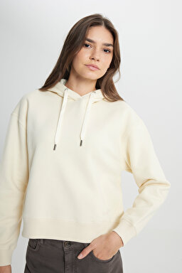 Regular Fit Normal Kesim Kapüşonlu İçi Polarlı Ekru Sweatshirt - Ecru-W242761A74 (görsel 5)