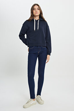 Regular Fit Normal Kesim Kapüşonlu İçi Polarlı  Lacivert Sweatshirt - Unionall Blk-W242761A76 (görsel 3)