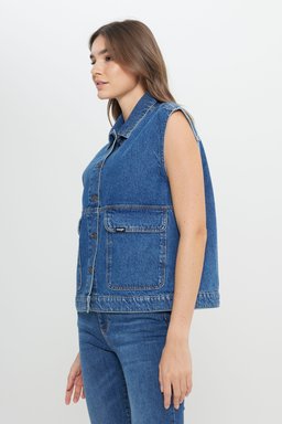 Slim Fit Dar Kesim %100 Pamuk Mavi Jean Denim Gömlek - Mid Indigo-W242769318 (görsel 3)