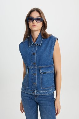 Slim Fit Dar Kesim %100 Pamuk Mavi Jean Denim Gömlek - Mid Indigo-W242769318 (görsel 4)