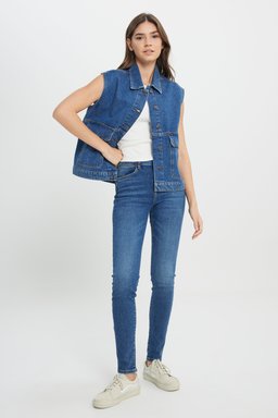Slim Fit Dar Kesim %100 Pamuk Mavi Jean Denim Gömlek - Mid Indigo-W242769318 (görsel 5)