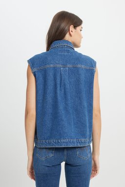 Slim Fit Dar Kesim %100 Pamuk Mavi Jean Denim Gömlek - Mid Indigo-W242769318 (görsel 7)