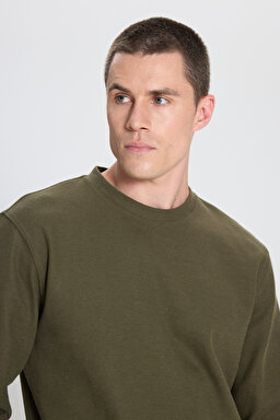 Regular Fit Normal Kesim Bisiklet Yaka Haki Tişört - Khaki-W242776801 (görsel 4)