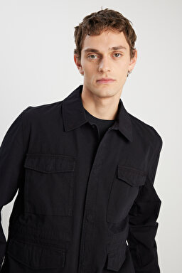 Regular Fit Normal Kesim %100 Pamuk Siyah Military Ceket - Black-W242780001 (görsel 4)