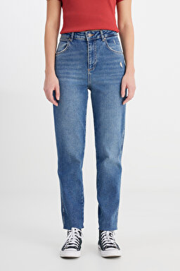Mom Fit Yüksek Bel Dar Paça Esnek Jean Kot Pantolon - Mid Blue-W246009XT (görsel 5)