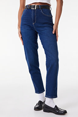 Mom Fit Yüksek Bel Dar Paça Mavi Esnek Jean Kot Pantolon - Mid Blue-W246010XT