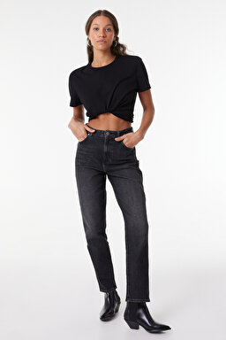 Mom Slim Fit Dar Kesim Yüksek Bel Dar Paça Esnek Jean Kot Pantolon - Stone-W24601758 (görsel 2)