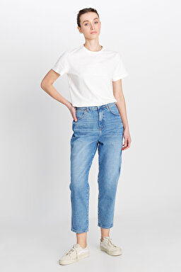 %100 Pamuk Mom Fit Yüksek Bel Mavi Jean Denim Pantolon - Mid Blue-W246027XT