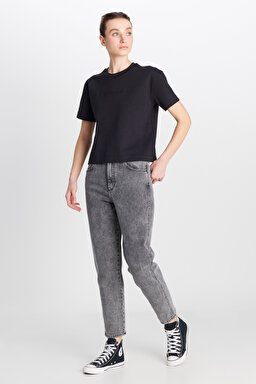 Mom Fit Yüksek Bel Dar Paça Açık Gri Pamuklu Esnek Jean Denim Pantolon - Moon Grey-W246034E20