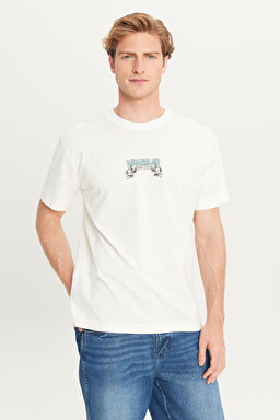 %100 Pamuk Relaxed Fit Geniş Kesim Bisiklet Yaka Kırık Beyaz Big Logo Tişört - Off White-W2510222102