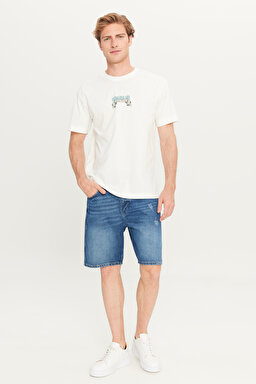 %100 Pamuk Relaxed Fit Geniş Kesim Bisiklet Yaka Kırık Beyaz Big Logo Tişört - Off White-W2510222102 (görsel 4)