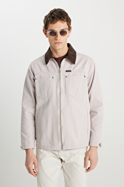 %100 Pamuk Regular Fit Normal Kesim Kadife Yaka Gri Ceket - Gray-W2510266035