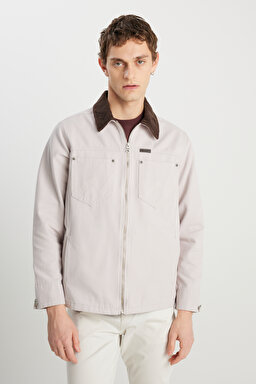 %100 Pamuk Regular Fit Normal Kesim Kadife Yaka Gri Ceket - Gray-W2510266035 (görsel 2)
