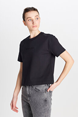 %100 Pamuk Relaxed Fit Geniş Kesim Bisiklet Yaka Siyah Tişört - Black-W2510305001 (görsel 3)