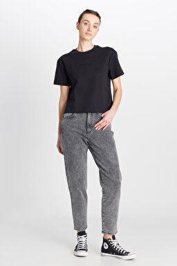 %100 Pamuk Relaxed Fit Geniş Kesim Bisiklet Yaka Siyah Tişört - Black-W2510305001 (görsel 4)