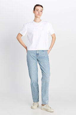 %100 Pamuk Relaxed Fit Geniş Kesim Bisiklet Yaka Ekru Tişört - Off White-W2510305102 (görsel 3)