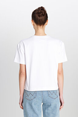 %100 Pamuk Relaxed Fit Geniş Kesim Bisiklet Yaka Ekru Tişört - Off White-W2510305102 (görsel 5)