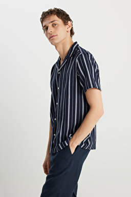 %100 Pamuk Relaxed Fit Geniş Kesim Lacivert Gömlek - Navy-W2510452410 (görsel 3)