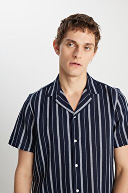 %100 Pamuk Relaxed Fit Geniş Kesim Lacivert Gömlek - Navy-W2510452410 (görsel 5)
