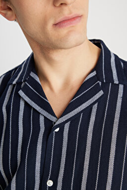 %100 Pamuk Relaxed Fit Geniş Kesim Lacivert Gömlek - Navy-W2510452410 (görsel 7)