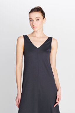 Regular Fit Normal Kesim V Yaka Siyah Midi Elbise - Black-W2510462001