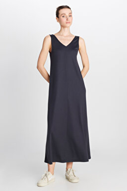 Regular Fit Normal Kesim V Yaka Siyah Midi Elbise - Black-W2510462001 (görsel 4)