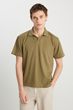 Relaxed Fit Geniş Kesim Haki Polo Tişört - Khaki-W2510464801 (görsel 2)