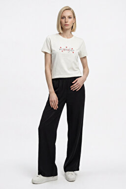 Relaxed Fit Yüksek Bel Geniş Paça Yumuşak Dokulu Siyah Pantolon - Black-W2510473001