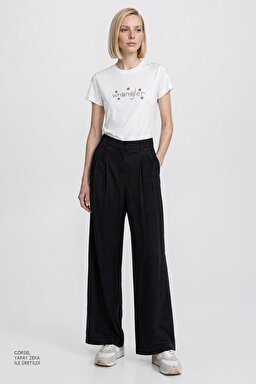 Relaxed Fit Yüksek Bel Geniş Paça Yumuşak Dokulu Siyah Pantolon - Black-W2510473001 (görsel 2)
