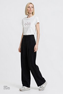 Relaxed Fit Yüksek Bel Geniş Paça Yumuşak Dokulu Siyah Pantolon - Black-W2510473001 (görsel 3)