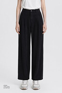 Relaxed Fit Yüksek Bel Geniş Paça Yumuşak Dokulu Siyah Pantolon - Black-W2510473001 (görsel 4)