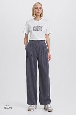 Relaxed Fit Yüksek Bel Geniş Paça Yumuşak Dokulu Siyah Pantolon - Gray-W2510473035 (görsel 2)