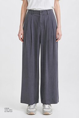 Relaxed Fit Yüksek Bel Geniş Paça Yumuşak Dokulu Siyah Pantolon - Gray-W2510473035 (görsel 4)
