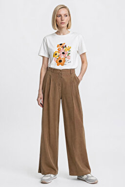 Relaxed Fit Geniş Kesim Yüksek Bel Geniş Paça Yumuşak Dokulu Deve Tüyü Pantolon - Camel-W2510473211 (görsel 3)