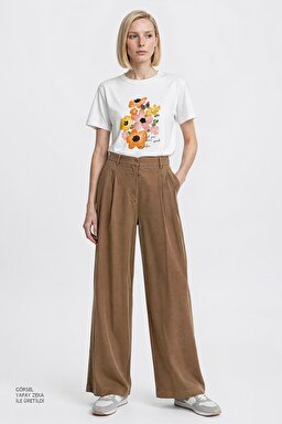 Relaxed Fit Geniş Kesim Yüksek Bel Geniş Paça Yumuşak Dokulu Deve Tüyü Pantolon - Camel-W2510473211 (görsel 2)