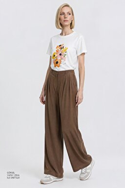 Relaxed Fit Geniş Kesim Yüksek Bel Geniş Paça Yumuşak Dokulu Deve Tüyü Pantolon - Camel-W2510473211 (görsel 3)