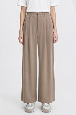 Relaxed Fit Yüksek Bel Geniş Paça Yumuşak Dokulu Siyah Pantolon - Beige-W2510473614 (görsel 2)