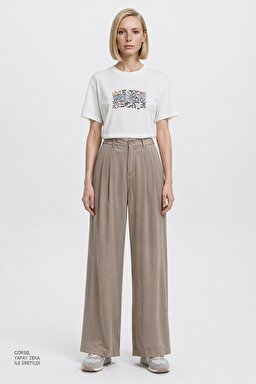 Relaxed Fit Yüksek Bel Geniş Paça Yumuşak Dokulu Siyah Pantolon - Beige-W2510473614