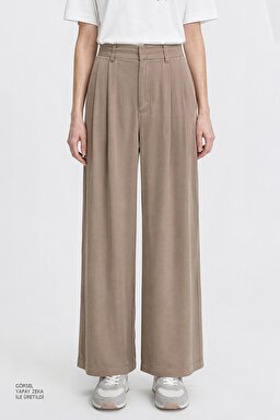 Relaxed Fit Yüksek Bel Geniş Paça Yumuşak Dokulu Siyah Pantolon - Beige-W2510473614 (görsel 4)