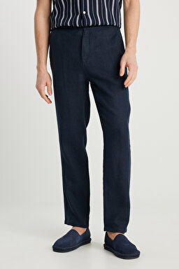%100 Keten Regular Fit Normal Kesim Normal Bel Düz Paça Lacivert Pantolon - Navy-W2510479410 (görsel 3)