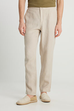 %100 Keten Regular Fit Normal Kesim Normal Bel Düz Paça Bej Pantolon - Beige-W2510479614 (görsel 3)