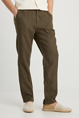 %100 Keten Regular Fit Normal Kesim Normal Bel Düz Paça Haki Pantolon - Khaki-W2510479801 (görsel 3)